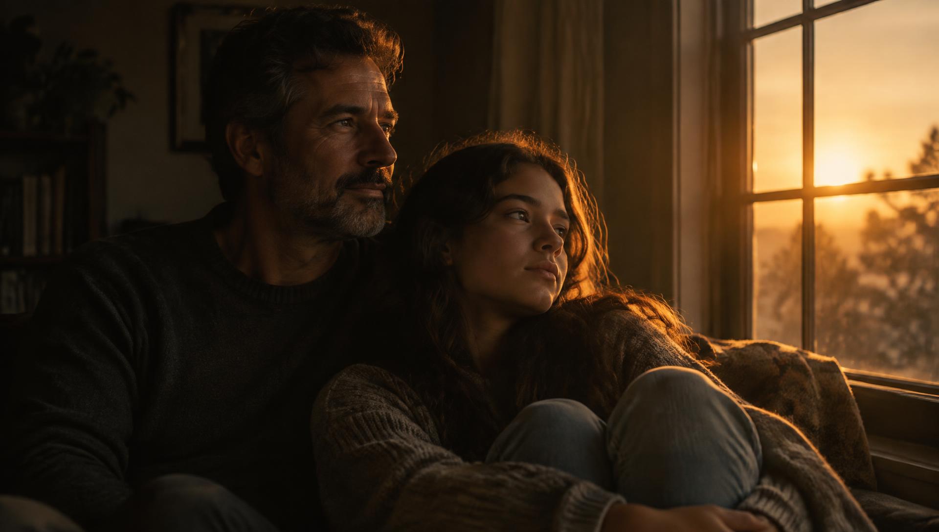A parent and teenager sit together by a window in warm evening light.